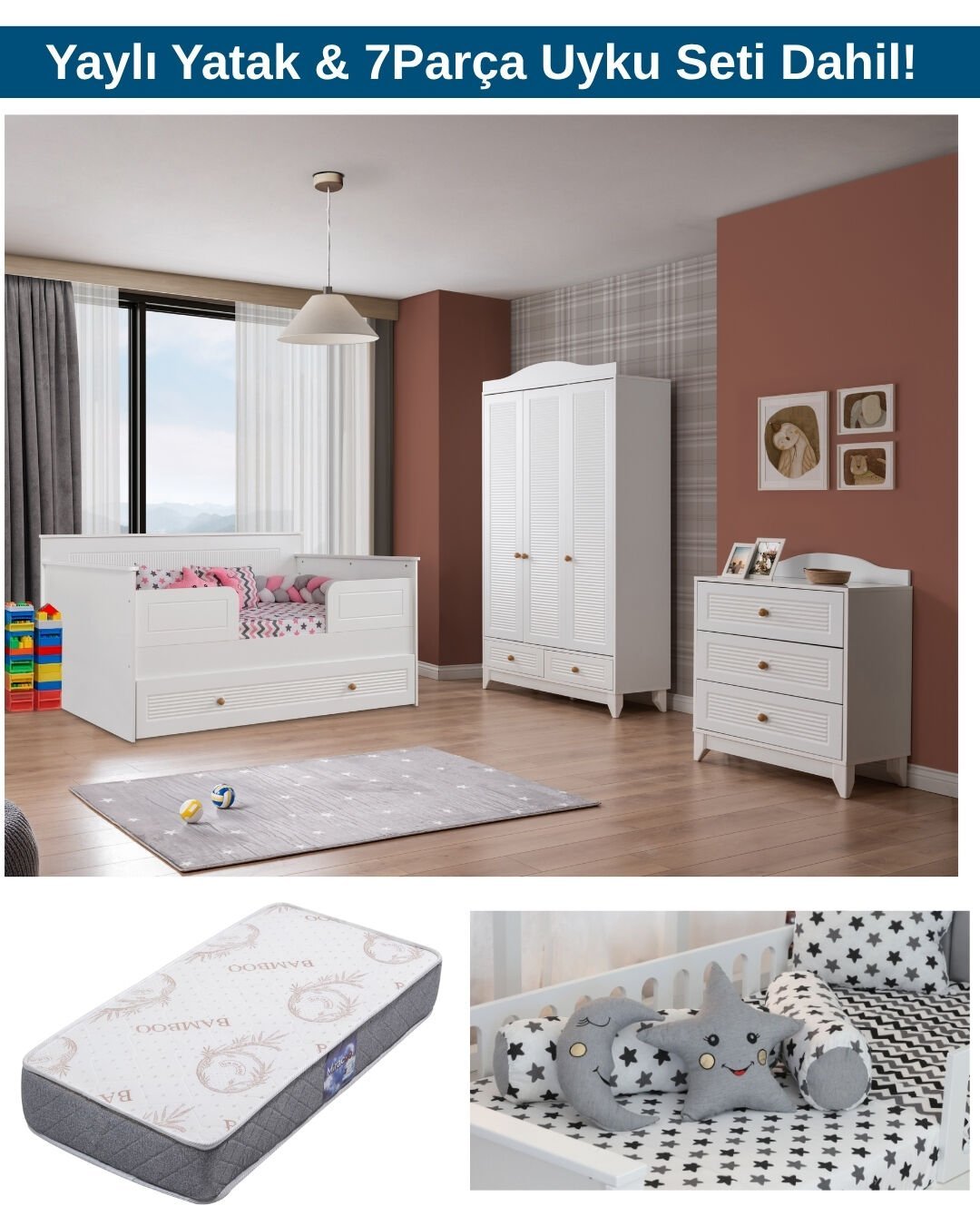 Miracool Allende Sedir Bebek ve Çocuk Odası / Yatak ve 7Parça Uyku Seti Dahil / Ücretsiz Kurulum