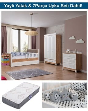 Miracool Mira Meşe Bebek ve Çocuk Oda Takımı / Yatak ve 7 Parça Uyku Seti Dahil / Ücretsiz Kurulum-Teslimat