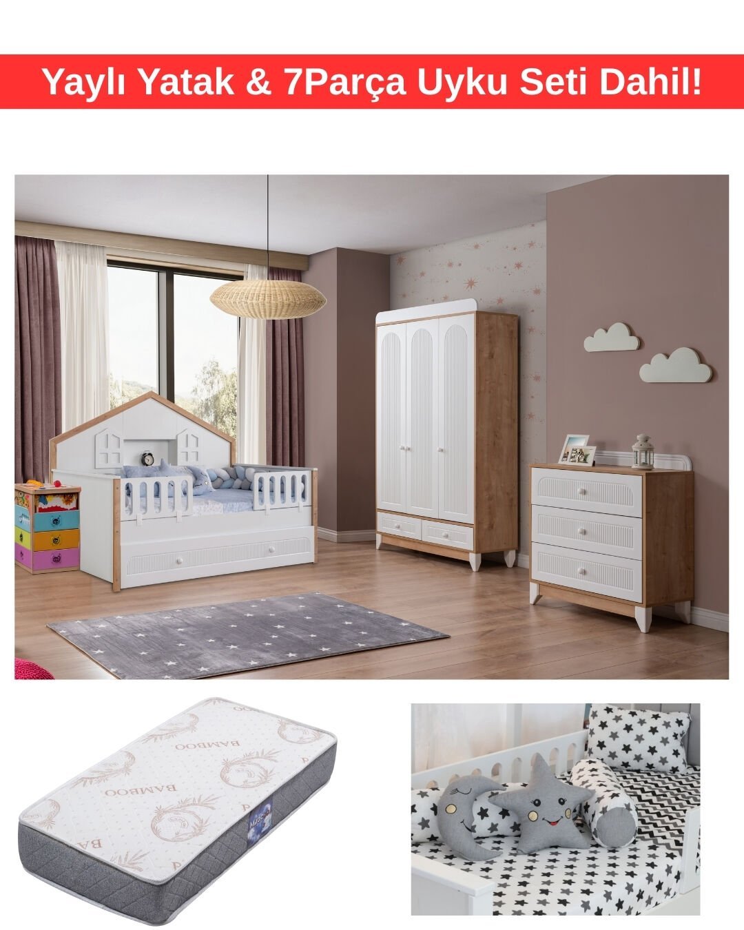 Miracool Mira Meşe Montessori Bebek ve Çocuk Odası / Yatak ve 7Parça Uyku Seti Dahil / Ücretsiz Kurulum