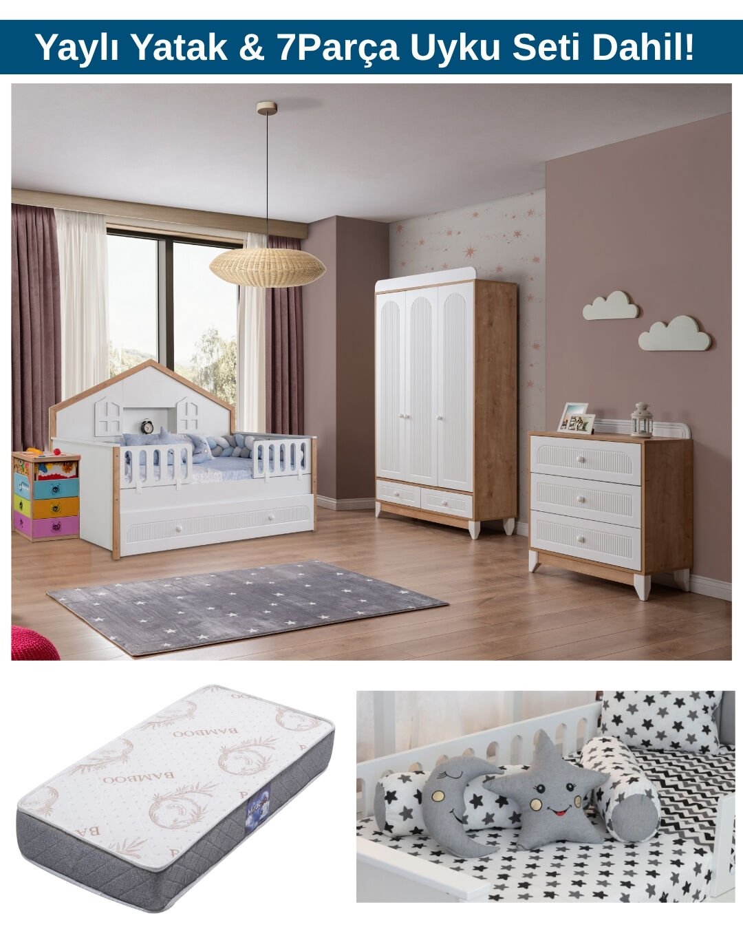 Miracool Mira Meşe Montessori Bebek ve Çocuk Odası / Yatak ve 7Parça Uyku Seti Dahil / Ücretsiz Kurulum