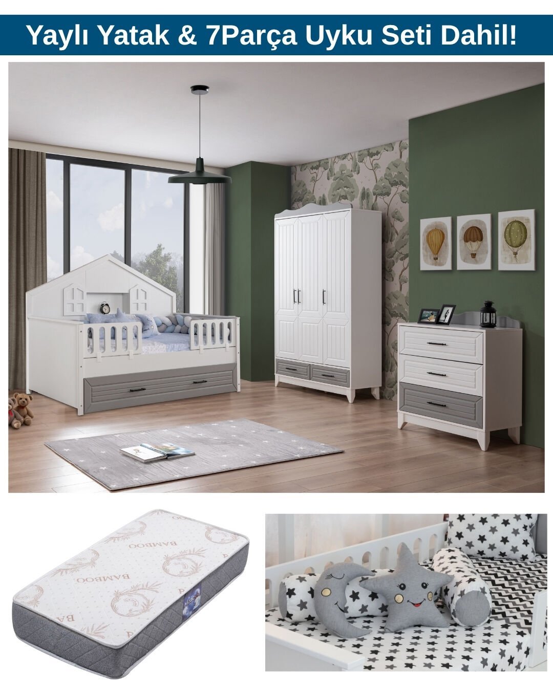 Miracool Ottoman Grey Montessori Bebek ve Çocuk Odası / Yatak ve 7Parça Uyku Seti Dahil / Ücretsiz Kurulum