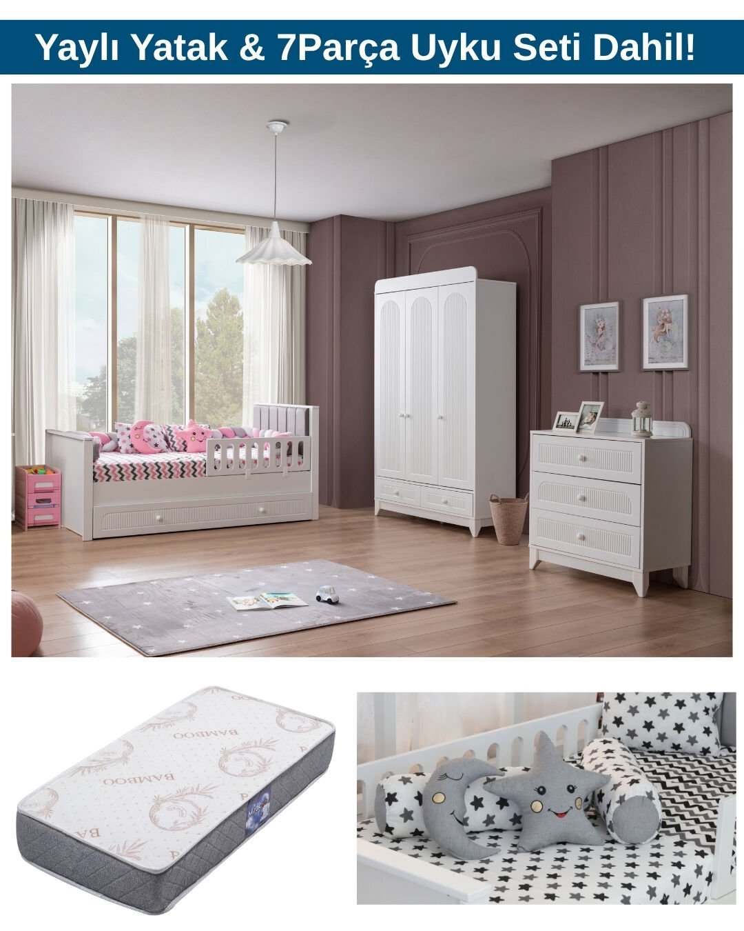 Miracool Mira Beyaz Bebek ve Çocuk Oda Takımı / Yatak ve 7 Parça Uyku Seti Dahil / Ücretsiz Kurulum-Teslimat