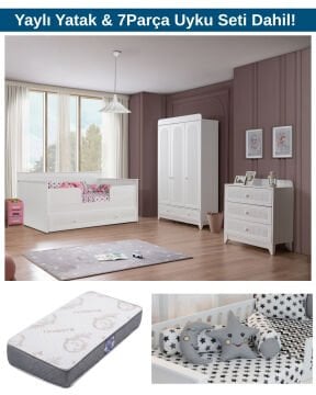 Miracool Mira Beyaz Sedir Bebek ve Çocuk Odası / Yatak ve 7Parça Uyku Seti Dahil / Ücretsiz Kurulum