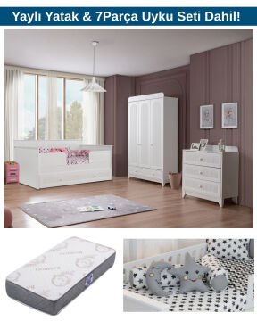 Miracool Mira Beyaz Sedir Bebek ve Çocuk Odası / Yatak ve 7Parça Uyku Seti Dahil / Ücretsiz Kurulum