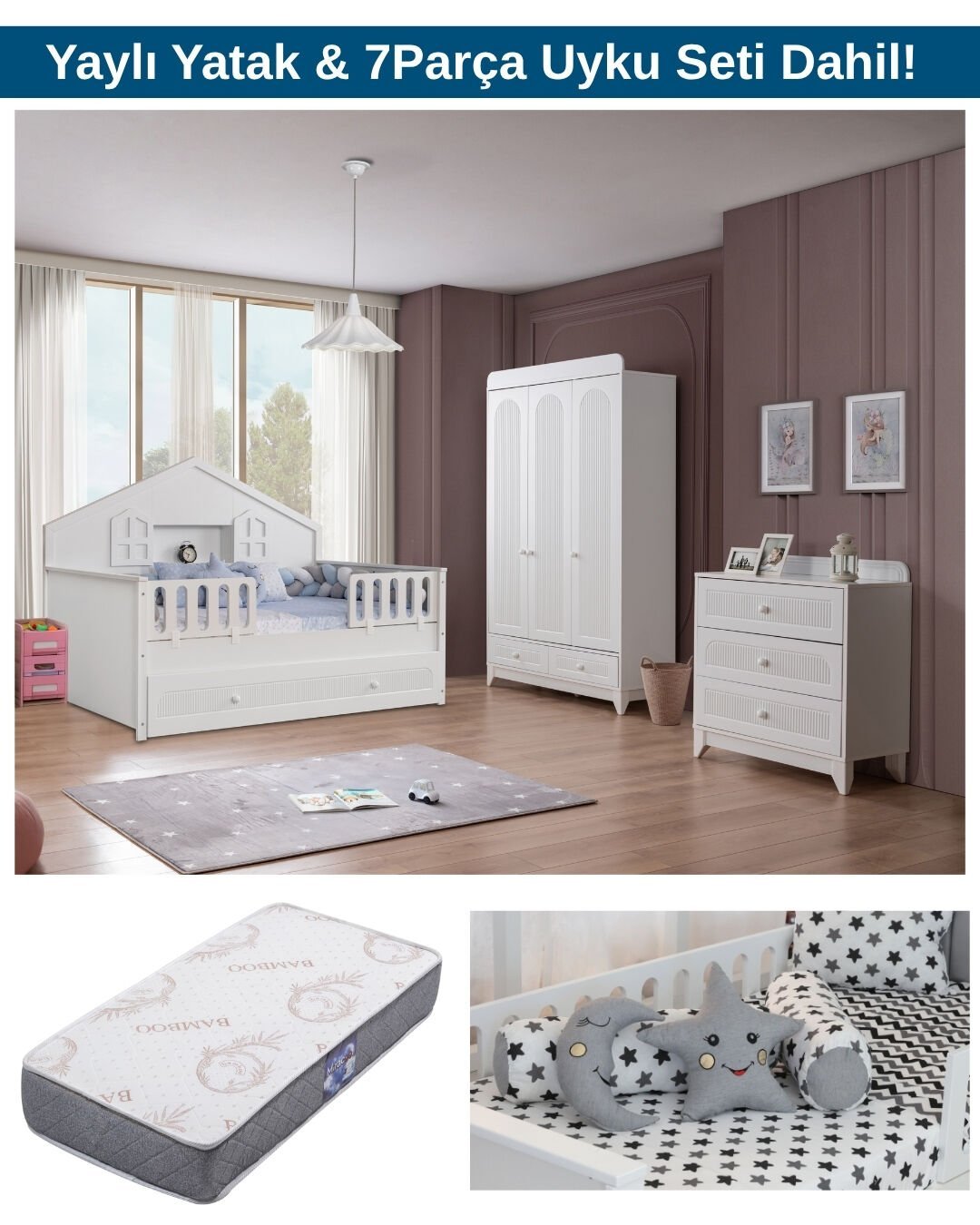 Miracool Mira Beyaz Montessori Bebek ve Çocuk Odası / Yatak ve 7Parça Uyku Seti Dahil / Ücretsiz Kurulum
