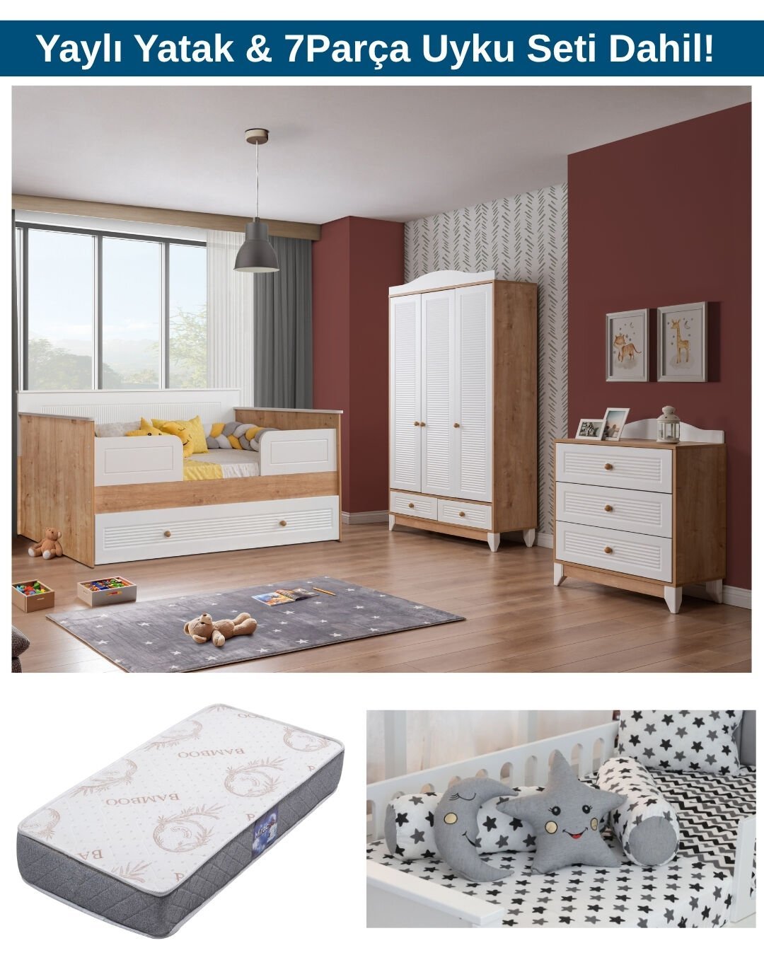 Miracool Sidney Sedir Bebek ve Çocuk Odası / Yatak ve 7Parça Uyku Seti Dahil / Ücretsiz Kurulum