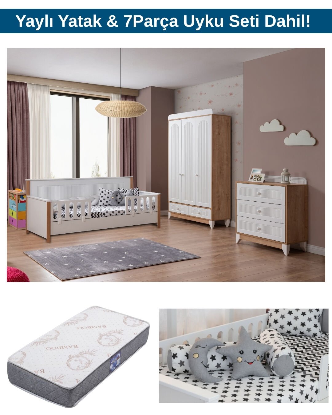 Miracool Mira Meşe Viya Bebek ve Çocuk Oda Takımı / Yatak ve 7 Parça Uyku Seti Dahil / Ücretsiz Kurulum-Teslimat
