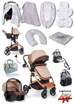 12 Parça Bebek Seti / Joell Truva Travel Sistem Bebek Arabası / Puset / Çanta /  7'li Tekstil Seti / Keçe Organizer Hediye / Yağmurluk