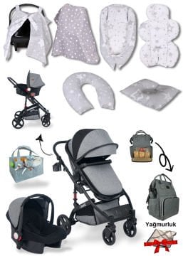 12 Parça Bebek Seti / Joell Truva Travel Sistem Bebek Arabası / Puset / Çanta /  7'li Tekstil Seti / Keçe Organizer Hediye / Yağmurluk