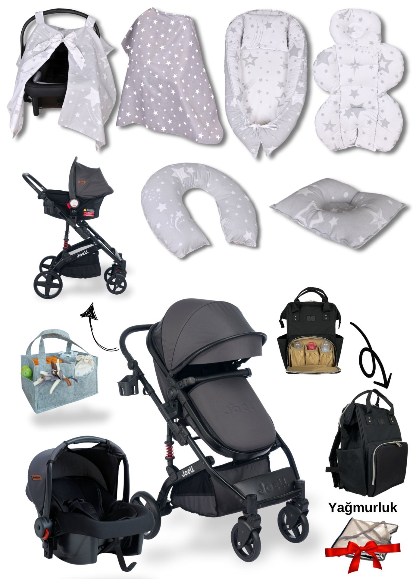 12 Parça Bebek Seti / Joell Truva Travel Sistem Bebek Arabası / Puset / Çanta /  7'li Tekstil Seti / Keçe Organizer Hediye / Yağmurluk