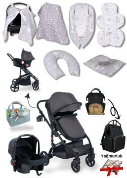 12 Parça Bebek Seti / Joell Truva Travel Sistem Bebek Arabası / Puset / Çanta /  7'li Tekstil Seti / Keçe Organizer Hediye / Yağmurluk