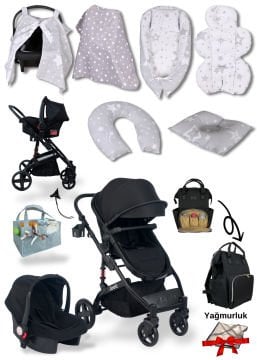 12 Parça Bebek Seti / Joell Truva Travel Sistem Bebek Arabası / Puset / Çanta /  7'li Tekstil Seti / Keçe Organizer Hediye / Yağmurluk