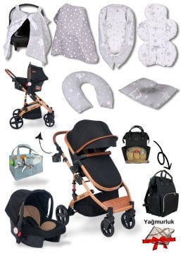12 Parça Bebek Seti / Joell Truva Travel Sistem Bebek Arabası / Puset / Çanta /  7'li Tekstil Seti / Keçe Organizer Hediye / Yağmurluk