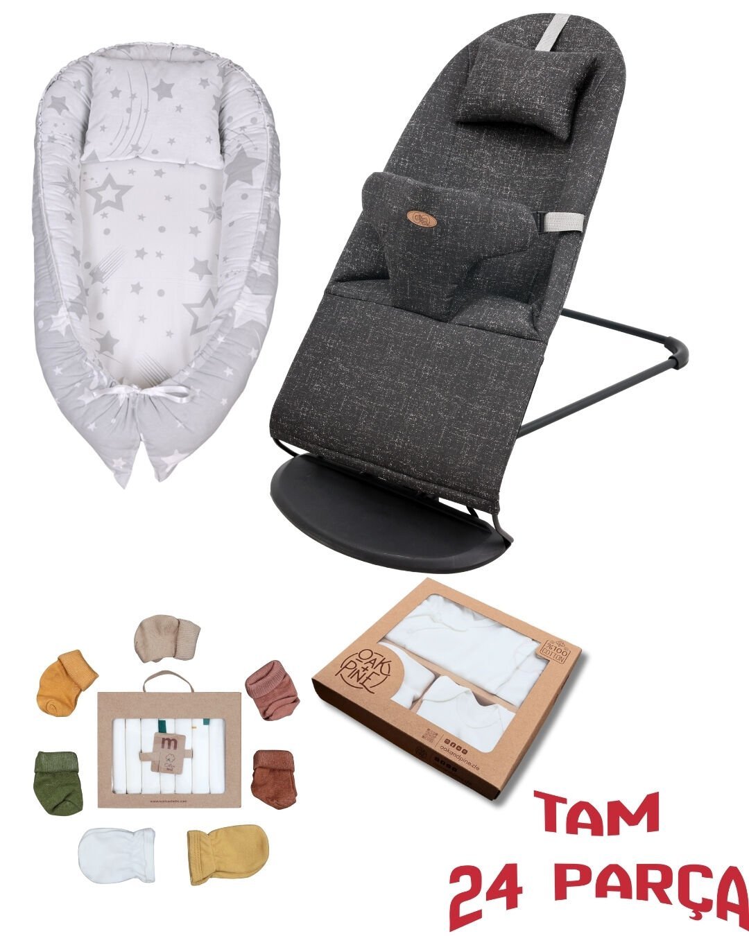 24 Parça / Premium Ana Kucağı & Babynest & 6'lı Hastane Çıkışı & Yastık & 7 Mendil & 5 Çorap & 2 Eldiven