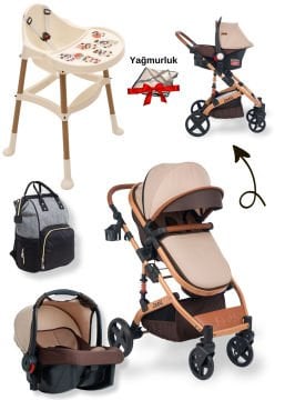 5'li Bebek Seti / Truva Travel Bebek Arabası / Mama Sandalyesi / Çanta / Puset / Yağmurluk