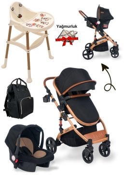 5'li Bebek Seti / Truva Travel Bebek Arabası / Mama Sandalyesi / Çanta / Puset / Yağmurluk