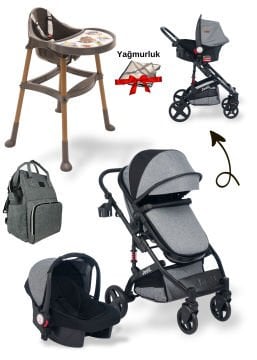 5'li Bebek Seti / Truva Travel Bebek Arabası / Mama Sandalyesi / Çanta / Puset / Yağmurluk