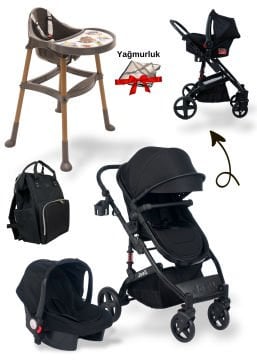 5'li Bebek Seti / Truva Travel Bebek Arabası / Mama Sandalyesi / Çanta / Puset / Yağmurluk