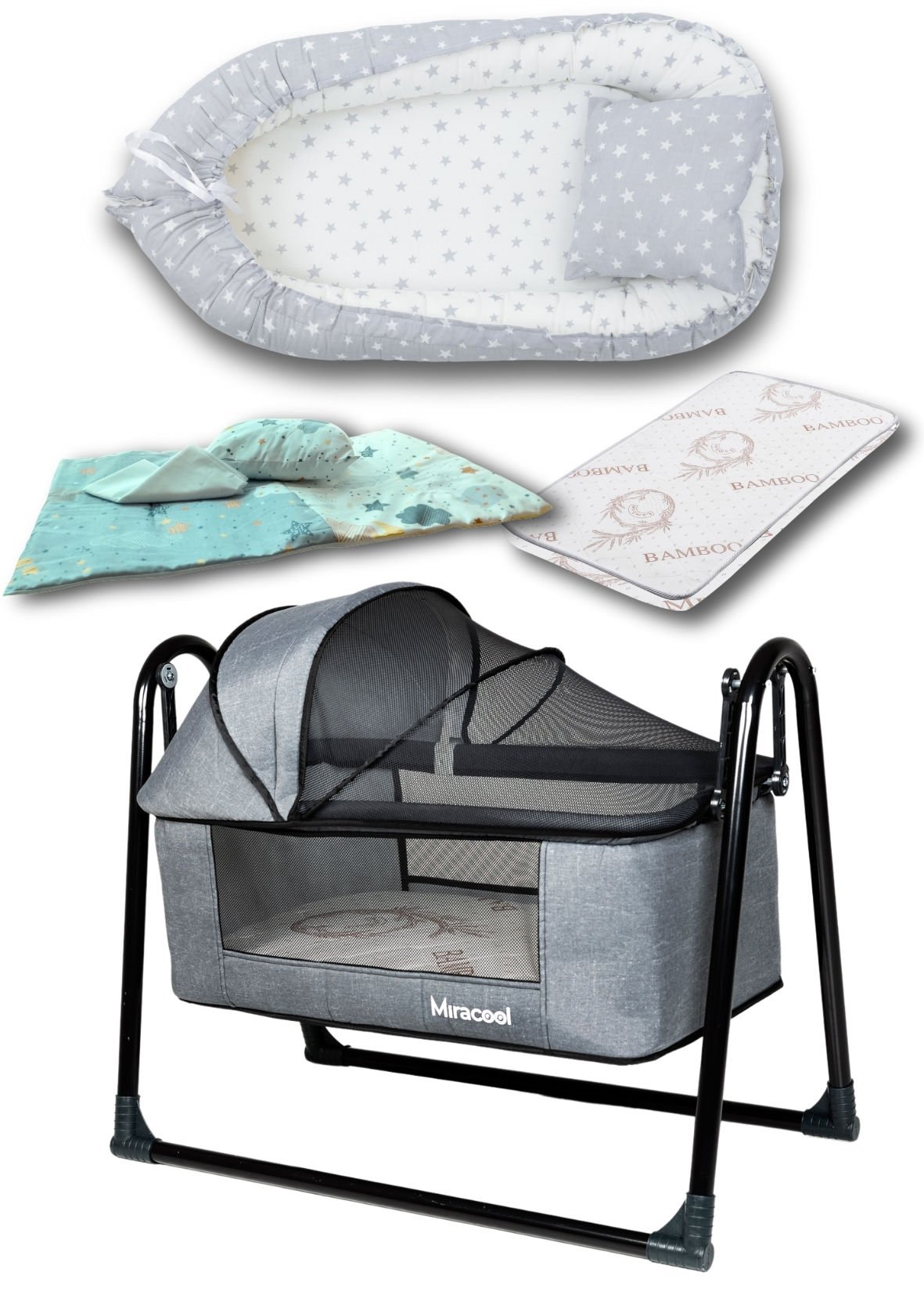 8'li Avantaj Beşik Seti / Beşik / Bambo Yatak / Yorgan / Yastık / Çarşaf / Babynest ve Yastık Gri