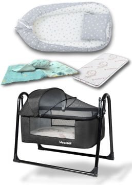 8'li Avantaj Beşik Seti / Beşik / Bambo Yatak / Yorgan / Yastık / Çarşaf / Babynest ve Yastık Siyah