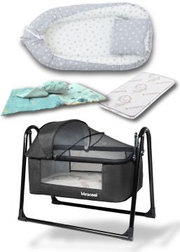 8'li Avantaj Beşik Seti / Beşik / Bambo Yatak / Yorgan / Yastık / Çarşaf / Babynest ve Yastık Siyah