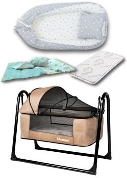 8'li Avantaj Beşik Seti / Beşik / Bambo Yatak / Yorgan / Yastık / Çarşaf / Babynest ve Yastık Kahve