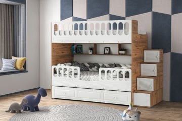 Panjur Ranza / 3 Yatak Bölümü / Çam-Beyaz / Komple MDF / Ücretsiz Kurulum